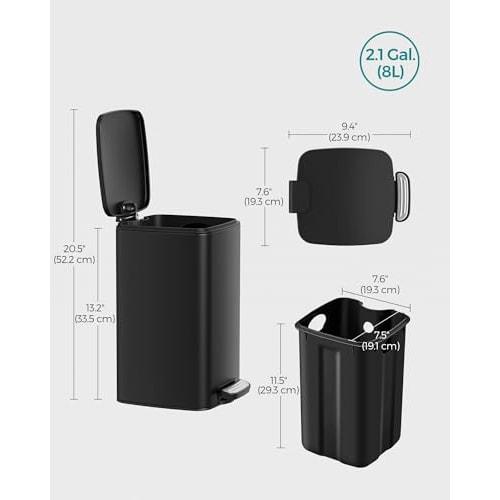 SONGMICS 8L Small Pedal-Operated Toilet Bin for Small Spaces, Soft-Close Lid, Steel, Black, LTB591B0802
