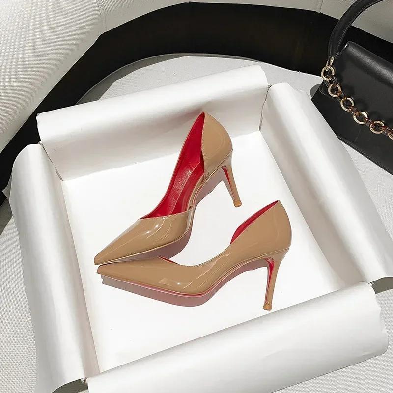 Красная подошва лодочки женские туфли черные остроконечные лакированные кожаные туфли с боковыми вставками на высоком каблуке женские тонкие каблуки элегантные и сексуальные одинарные туфли