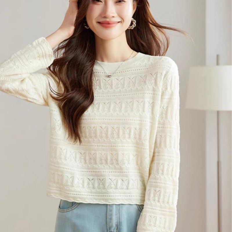 Spring and Summer New Trend Red Round Neck Long-sleeved Knitted Sweater Pullover Femininity Elegant Commuter Style