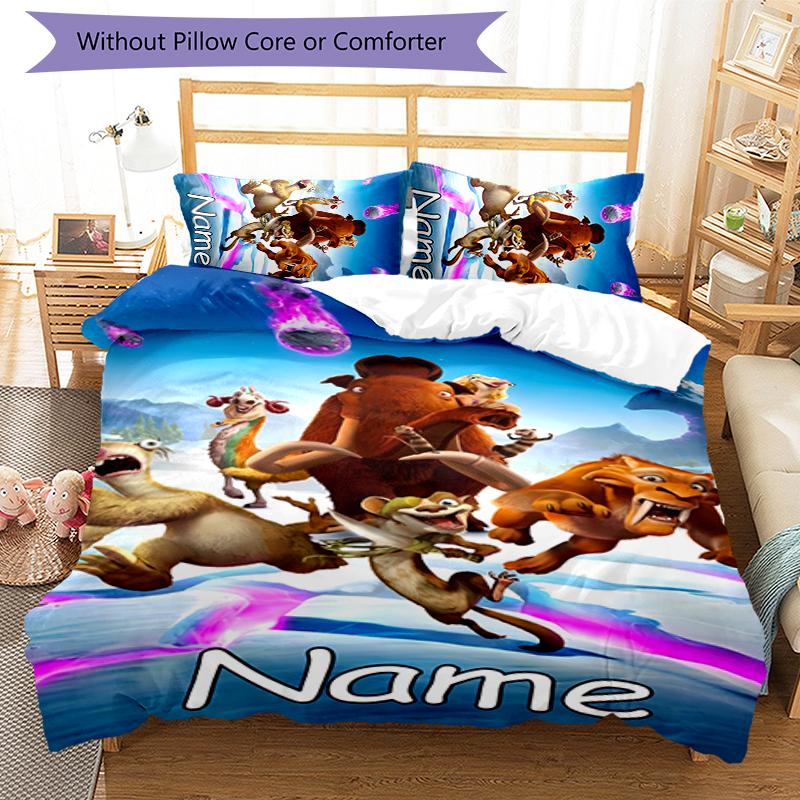 3pcs Custom Name Cartoon Ice Age Dawn of the Dinosaurs Bedding Set Duvet Cover Closure Includes 1 Duvet Cover & 2 Pillowcases for All Seasons Bedroom