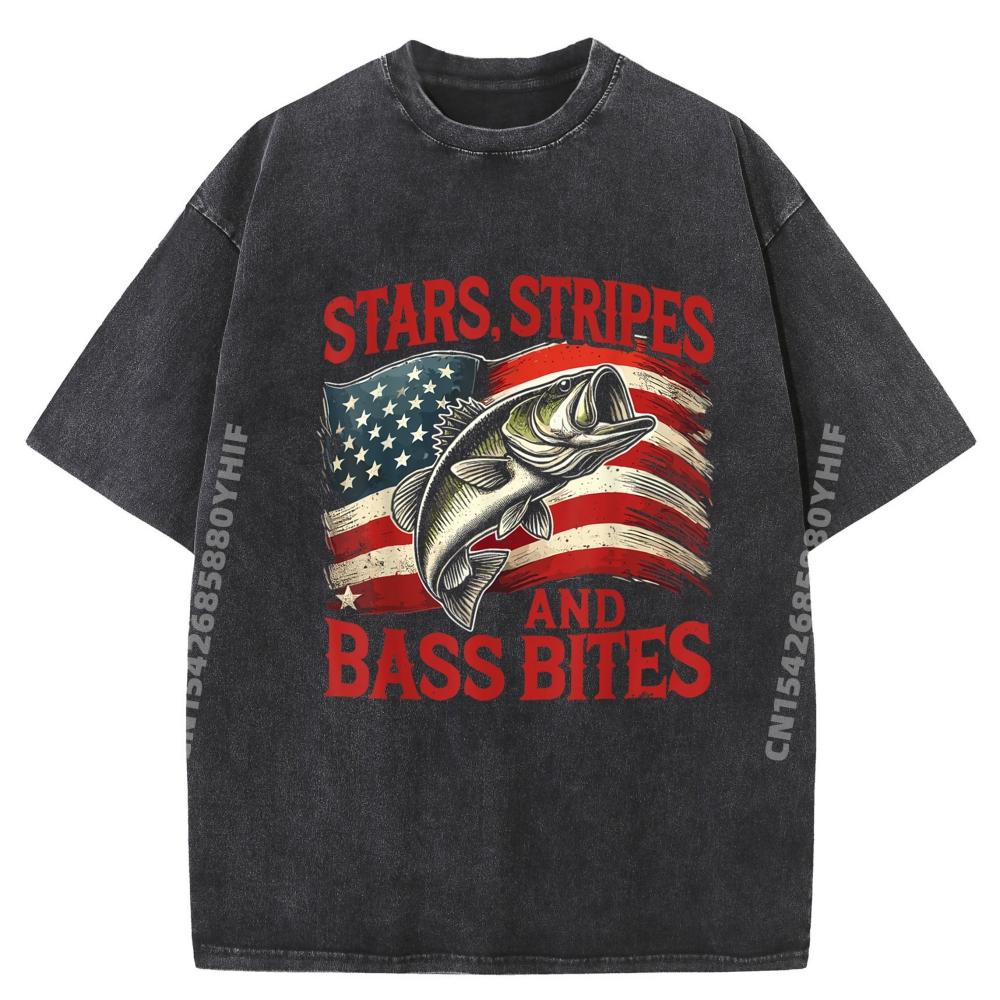 Bass Fishing Stars Stripes And Bass Bites Usa Flag Sports T Shirt Men Breathable Washed Clothes HOLIDAYS