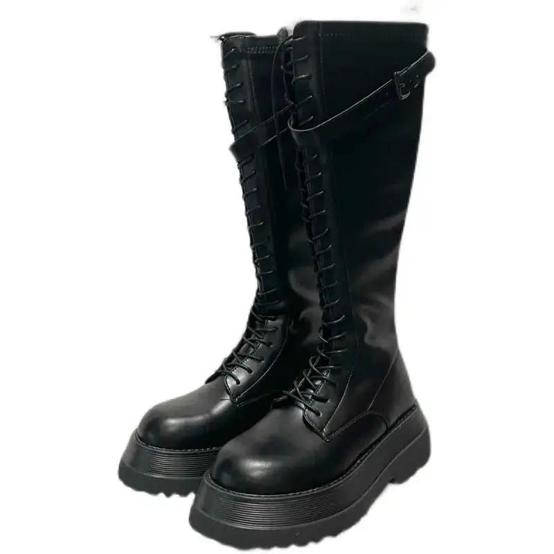 Модная шнуровка Зима 2025 Сапоги до колена Женские со шнуровкой Платформа Длинные сапоги для женщин Водонепроницаемые Демисезонные Рабочие Весенние Новые