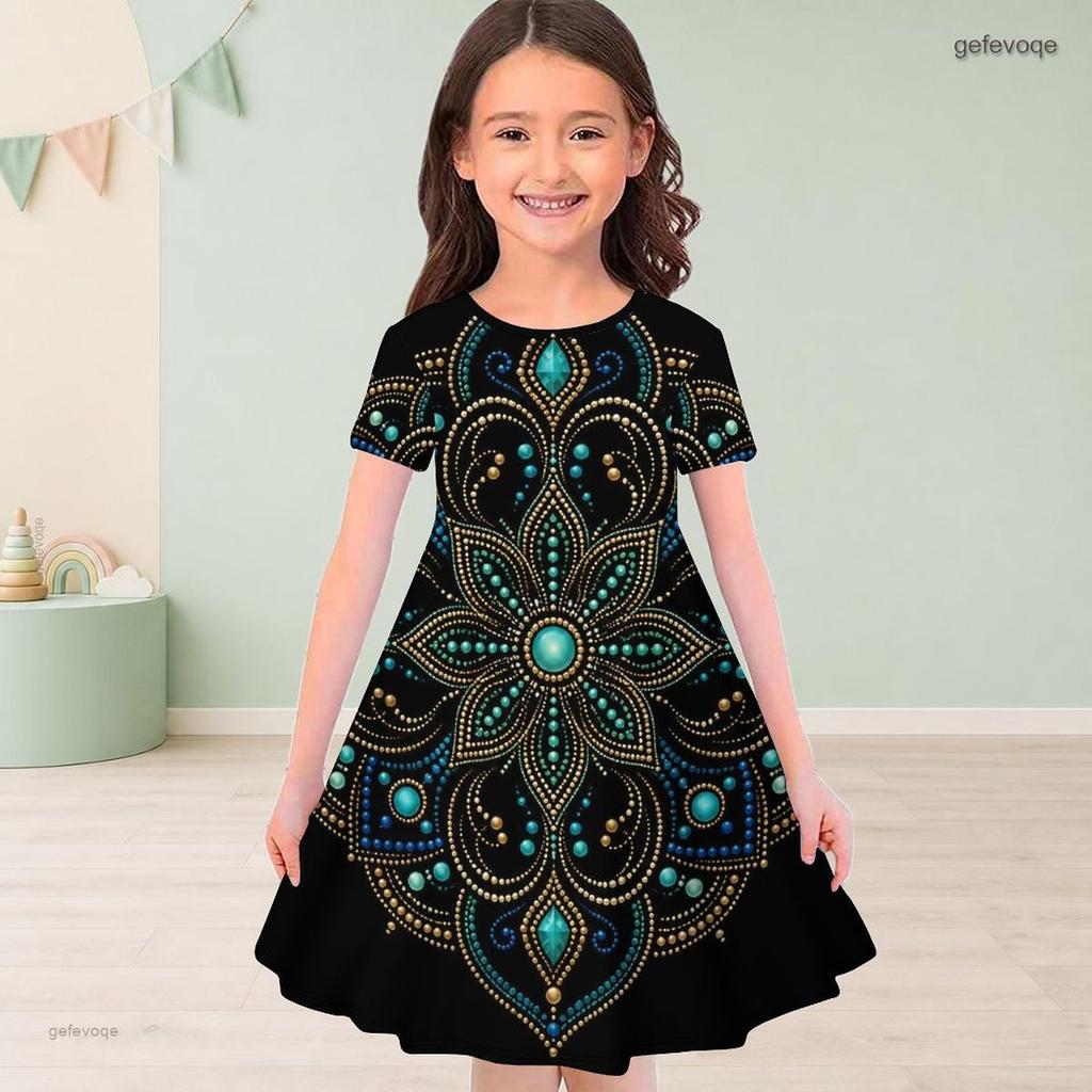 Girls Round Neck Short Sleeve A Line Dress Pastel Rainbow Glitter Printed Flared Hem