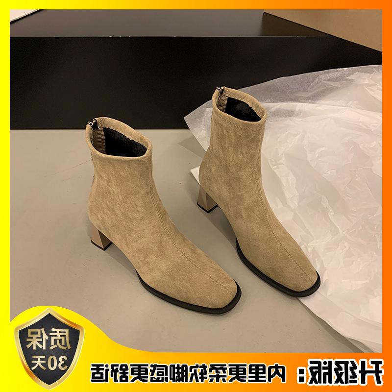 Новые туфли на высоком каблуке из тонкой замши, женские ботинки Martin, короткие ботильоны, бархатные ботильоны, осенне-зимняя квадратная головка, корейская мода