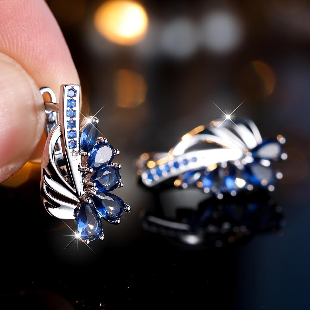 Изысканные синие зеленые серьги-кольца с цирконием для женщин, серебряные висячие серьги с цветком, элегантные вечерние украшения