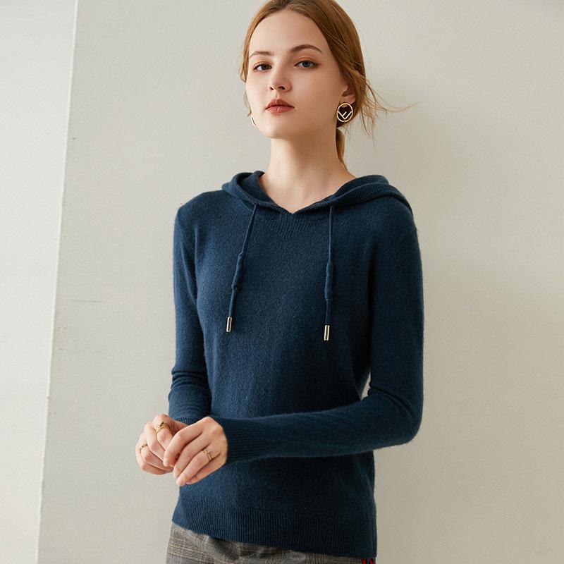 Women's Hooded Cashmere Sweater: Warm, Windproof, Long-Sleeved Pullover with Solid Color for Autumn and Winter.