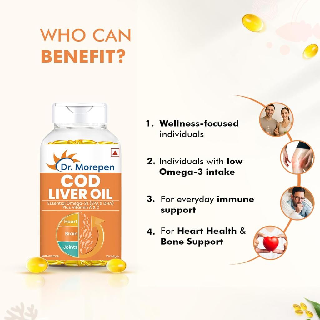 Dr. Morepen COD Liver Oil Capsules Omega 3 EPA DHA with Vitamins D E 100 Softgels X Pack of 2