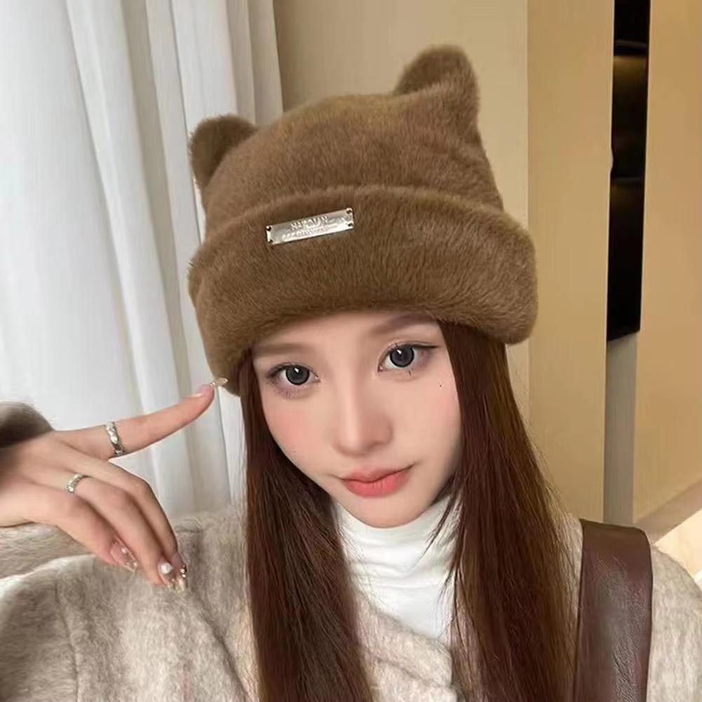 Winter Plush Beanies Cute Bear Ear Wool Hat Warm Lace-up Gorros Knitting Cap Women Women's Woolen Warm Fisherman's hat
