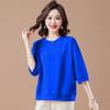 Foreign Trade Clearance 100% Cotton round Neck T-shirt 3/4 Sleeve Loose Slimming Cover Meat Western Style Light Color Spring and Summer Women's Top