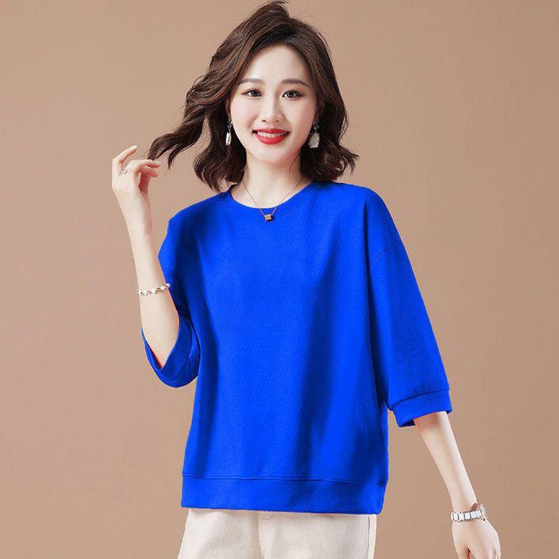 Foreign Trade Clearance 100% Cotton round Neck T-shirt 3/4 Sleeve Loose Slimming Cover Meat Western Style Light Color Spring and Summer Women's Top