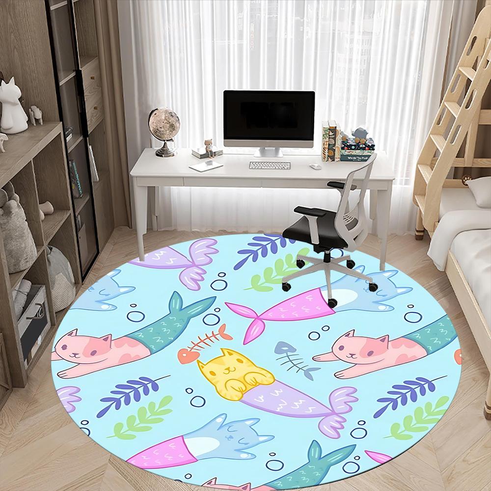 1pc Mermaid Cats Office Round Rug, Non-slip, Soft and Durable Office Rug for Interior Decoration, Perfect for Office, Beautiful Decoration yy260324009