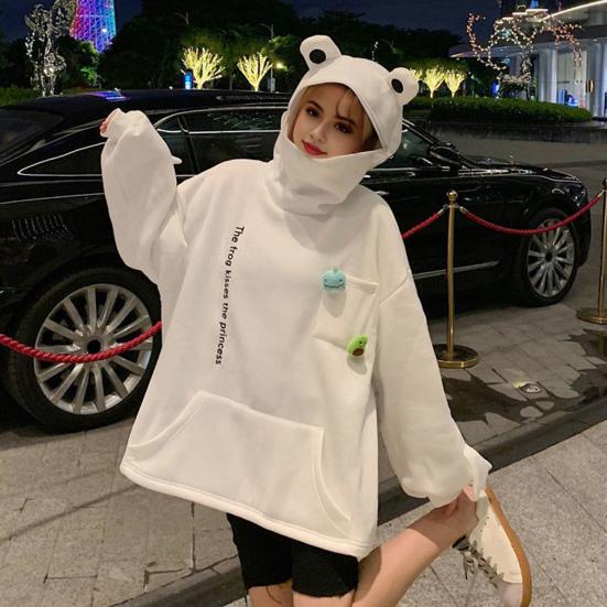 Унисекс Осень Зима Толстовка с капюшоном в форме лягушки Молния Капюшон Утолщенный плюш Теплый Вышитые буквы Большой карман Длинные рукава Пара Поездки на работу На Открытом Воздухе Отдых