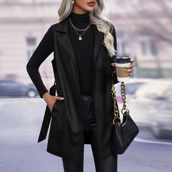 Женский жилет-пальто на осень-весну с поясом, шнуровкой на талии, отложным воротником, гладкий кардиган из искусственной кожи средней длины, женский жилет для поездок на работу и шопинга