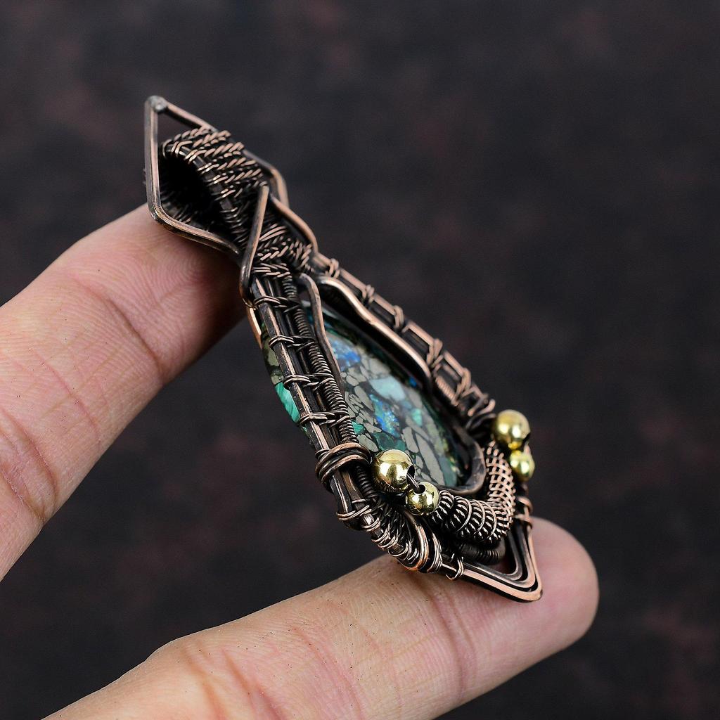 Медный кулон с азуритом и малахитом, обмотанный медной проволокой, ручная работа, медные украшения, кулон с натуральным драгоценным камнем, подарок для нее, украшения в технике wire wrap