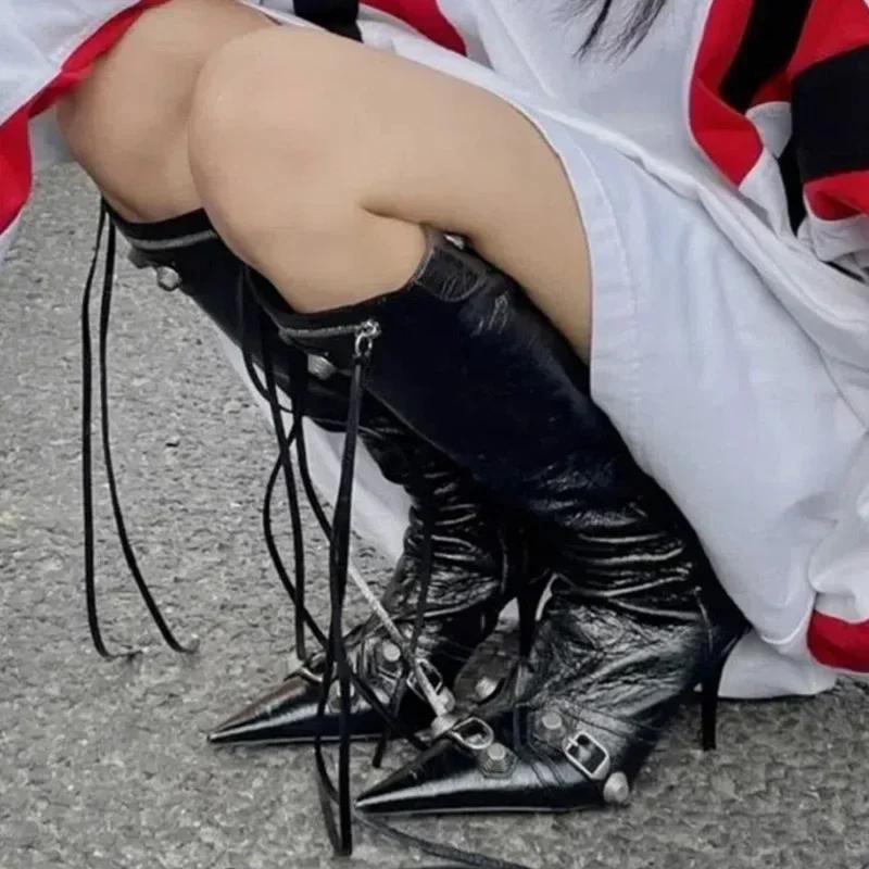 Женские Сексуальные Ботильоны Челси Острый Носок Высокий Каблук Обувь Дизайнер Зимние Новые Шпильки Ботфорты По Колено Туфли Мотоциклетные Боты