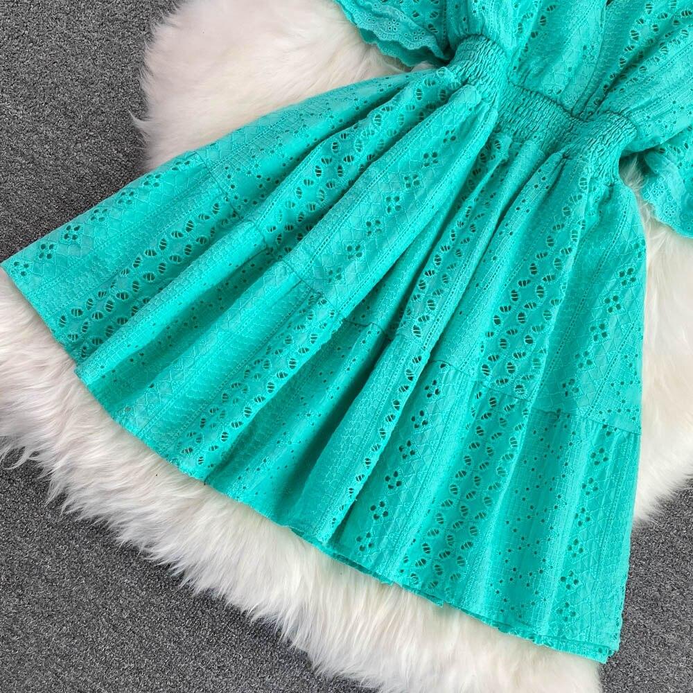 Summer Korean Hollowed-out Deep V-neck Waistband Show Thin Ruffle Sleeve A-line Seaside Holiday Beach Dress Vestidos