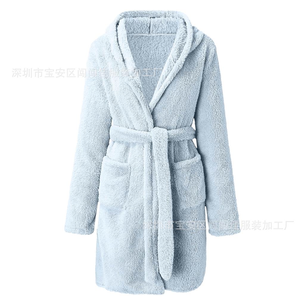Winter Hooded Home Plush Pajamas Solid Color Warm Bathrobe Women