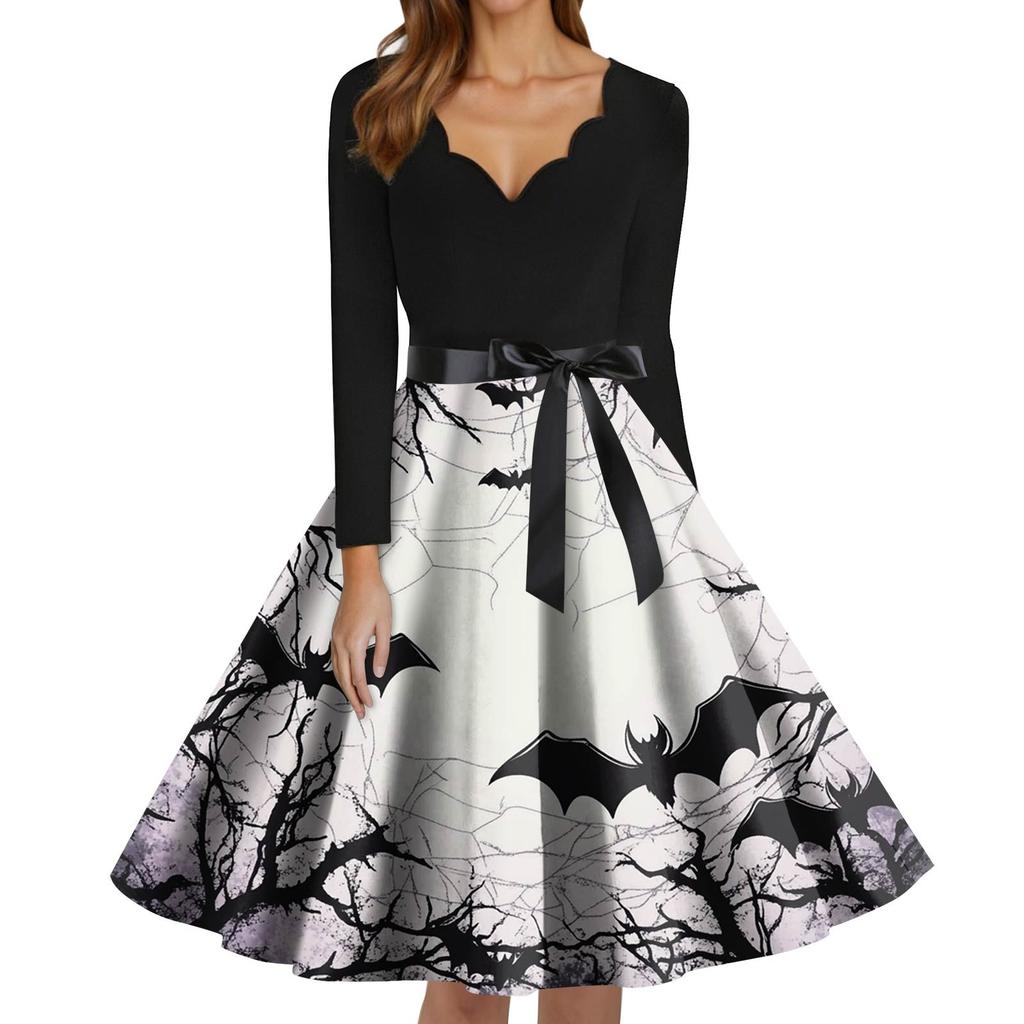Women's Fashion V-Neck Casual Slim Fit Halloween Printed Long Sleeve Dress