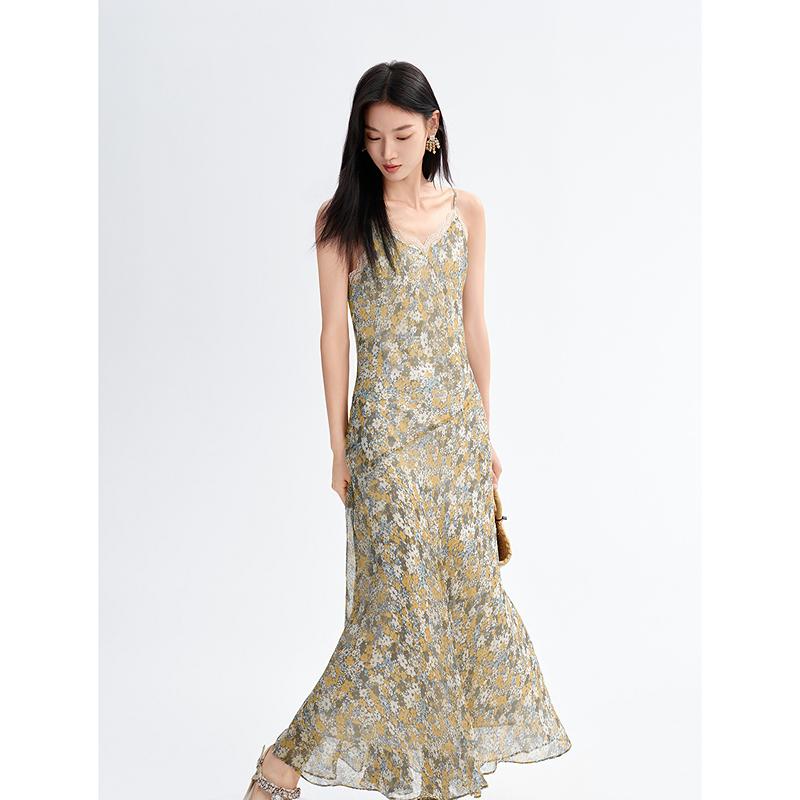 [Trailing Wandering] Jiuzi Anna Kou Lace Edge Plant Printed Strap Dress for Women, Summer 2026 New Collection