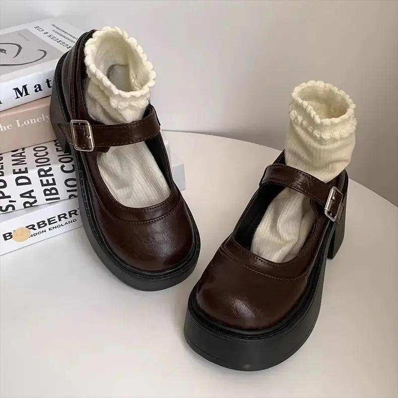 Модные коричневые ретро французские туфли Мэри Джейн на толстом каблуке женские туфли весна 2025 новый стиль увеличивающие рост с плоским вырезом туфли-лодочки на высоком каблуке