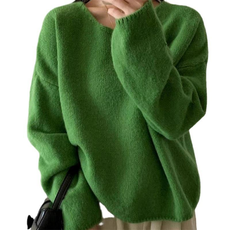 Lazy Wind Knitted Sweater Women's Autumn and Winter New Loose Pullover Gentle Temperament Solid Color Versatile Top