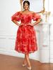 Red Floral Off Shoulder Puff Sleeve Dress A Line Elegant Plus Size Ball Gowns Dresses for Ladies