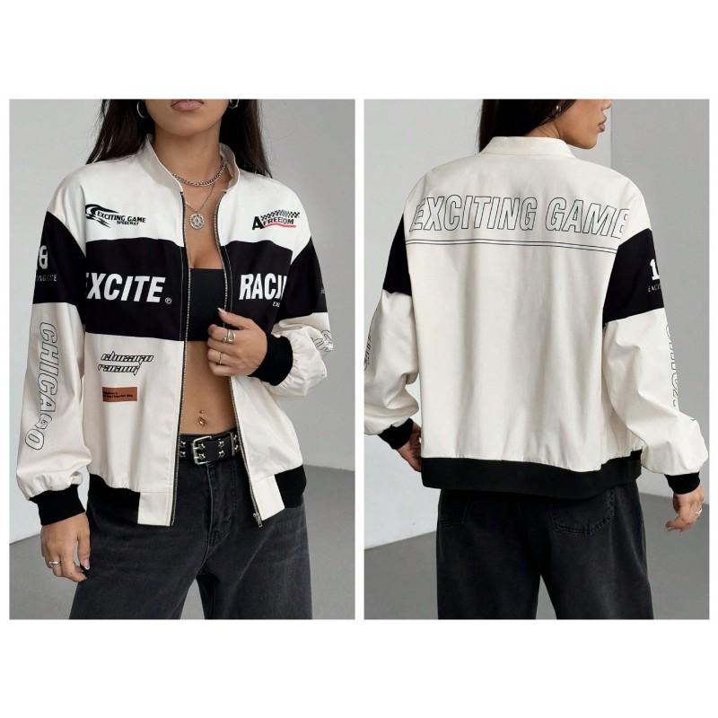Womens Racing Jacket Casual All-match Letter Print Stand Collar Zip Up Everyday Outerwear