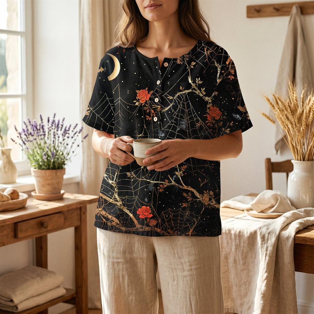 Женская повседневная рубашка-henley с коротким рукавом, смесовая ткань хлопок и лен, нагрудный карман, принт на Хэллоуин, пуговицы у воротника, легкий летний топ
