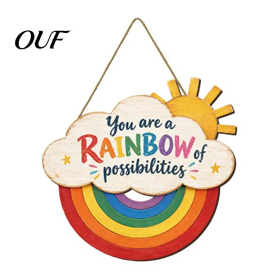 Positive Quote Wood Sign Boho Rainbow Sun Welcome Door Sign, Wall Hanging Plaque Ornaments with Inspirational Quote, Colorful Hanger for Bedroom,