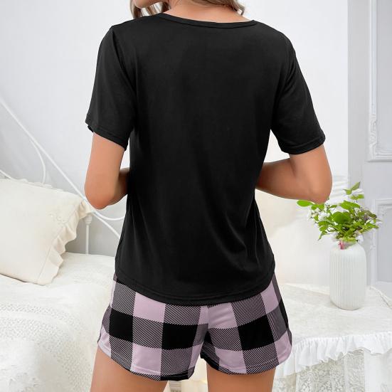 Women's Graphic Pajamas Sets Crew Neck Short Sleeve Top Plaid Shorts Sleepwear Set Summer Two-Piece Loungewear Outfit