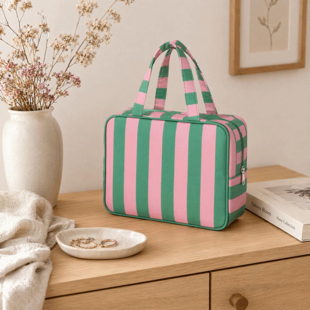 Large Capacity Striped Toiletry Storage Bag Multi Compartment Cosmetic Pouch Weekend Getaway