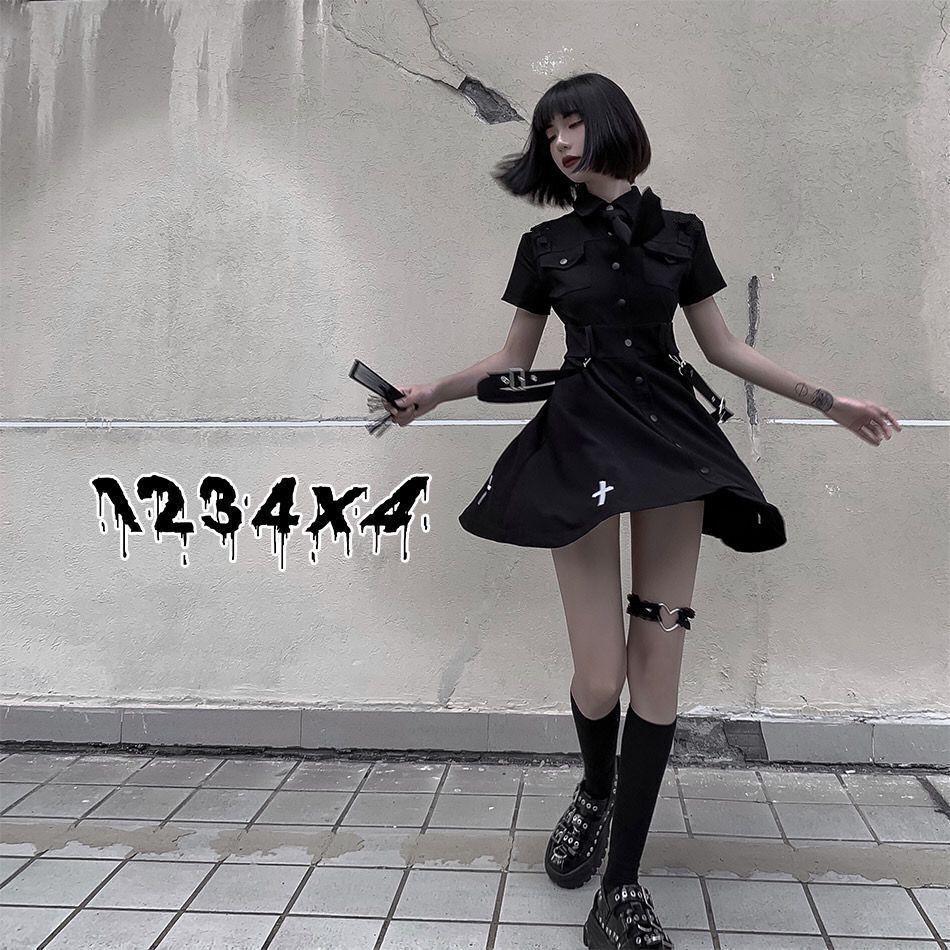 Women Black Y2k Dress French Cross Embroidery Punk Dark Dress JK Uniform College Style Gothic Street Skirt