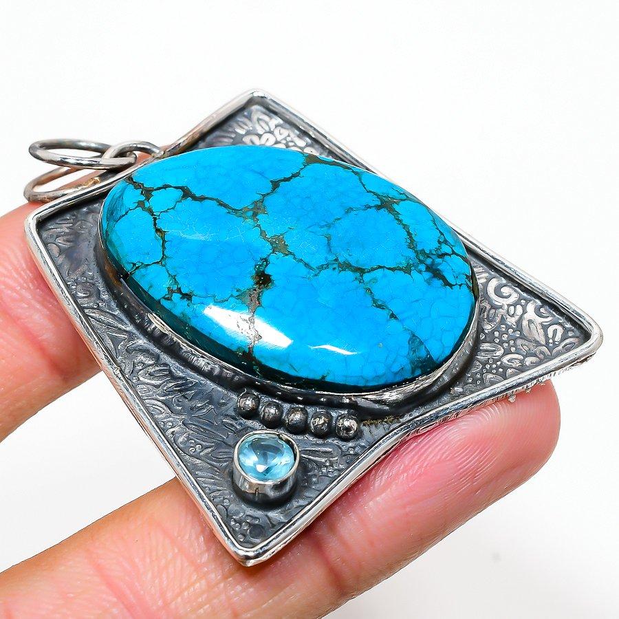 Подвеска из натурального тибетского бирюзового, голубого топаза из стерлингового серебра 925 пробы 2,17 дюйма M8E74