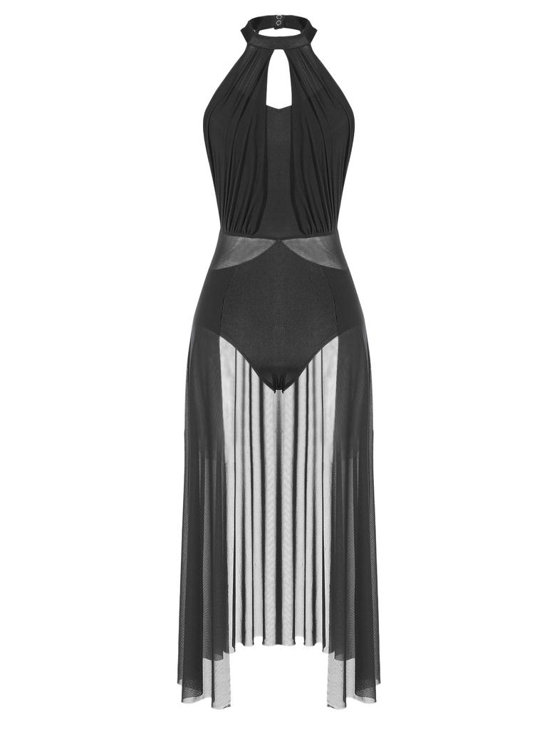 Струящееся танцевальное платье с разрезом, балетное тюлевое танцевальное боди без рукавов, асимметричное платье для катания на коньках