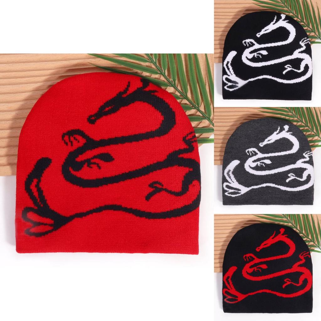 Street Style Knitted Cap With Dragon Animal Pattern For Cold Seasons