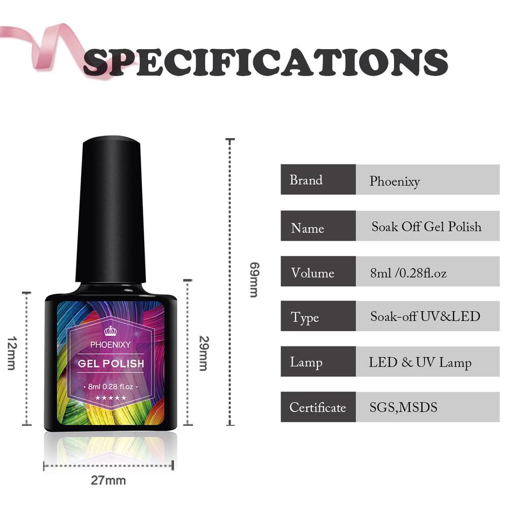 PHOENIXY 8ML Long-lasting Gel Nail Polish Top Base Coat Needed UV LED Soak-off Gel Nail Varnishes