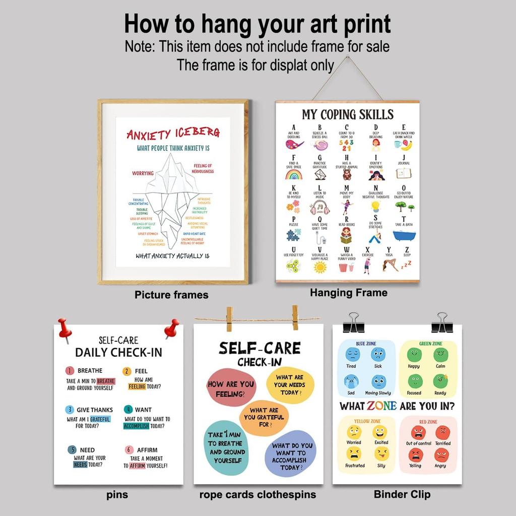 Calming Corner Classroom Posters 8x10 In, Feelings Wheel Chart & Emotions Poster For Kids, Mental Health Wall Decorations For Preschool Teachers,