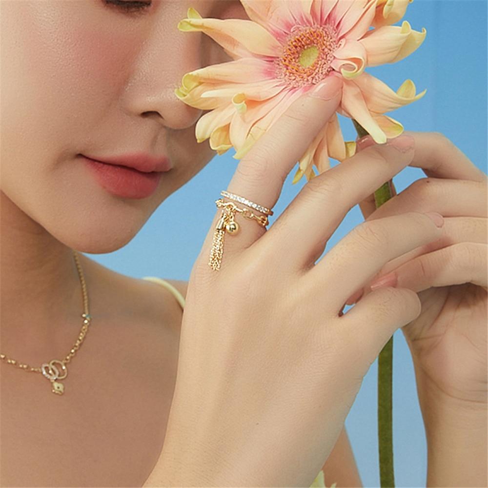 New Link Chain Tassel Gold Color Ring Zirconia With Spike Pendant Charm Fingure Ring For Women Opening Adjustable Ring