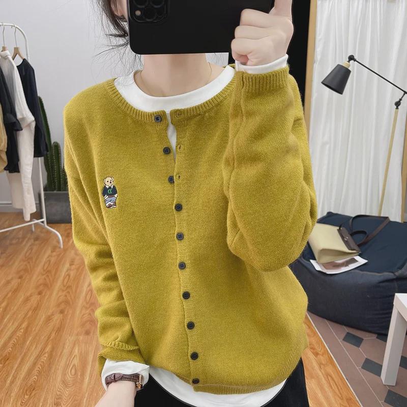 Женский изысканный кардиган с вышитым медведем - весна/осень, длинный рукав, круглая горловина, мягкий трикотажный свитер.