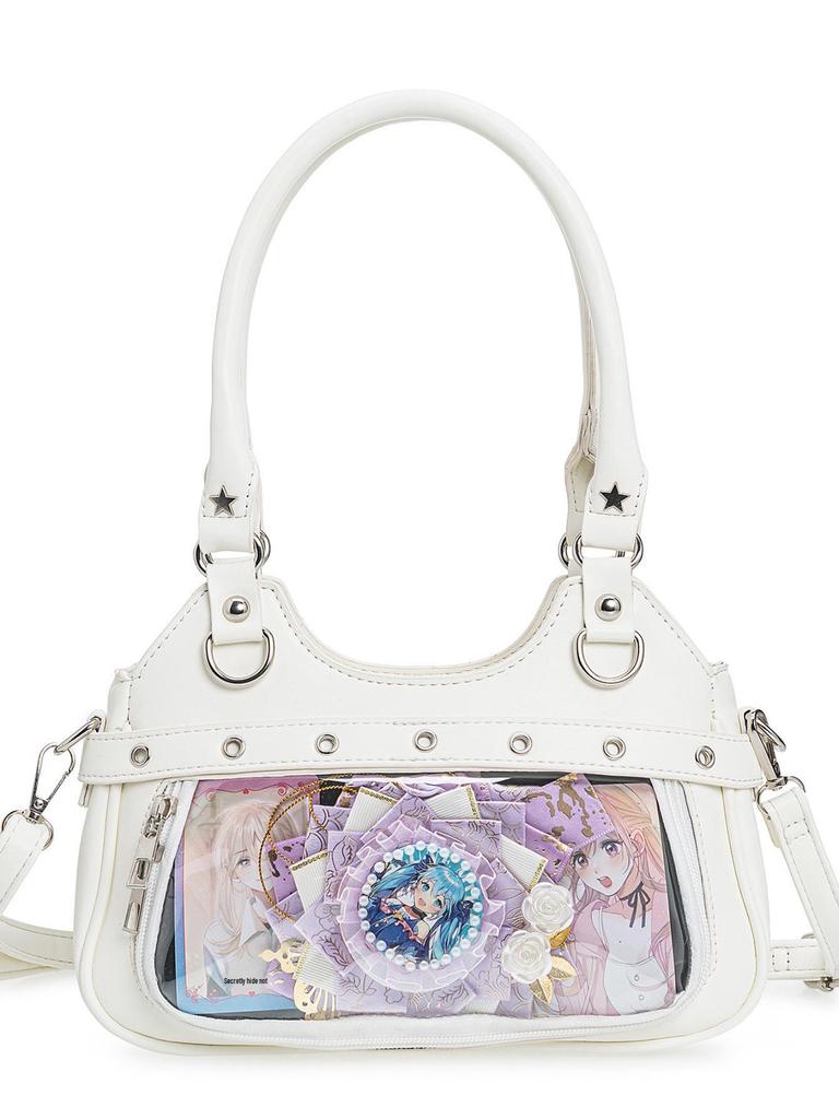 Japanese PU Leather Y2K Spicy Girl Ita Bag - Large Capacity Transparent Badge Crossbody for Students