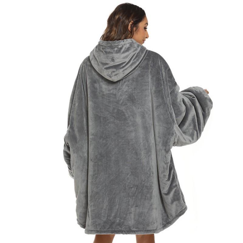 Grey Thick Double-Layer Hooded Lazy Sweatshirt Blanket Women Soft Warm Loungewear