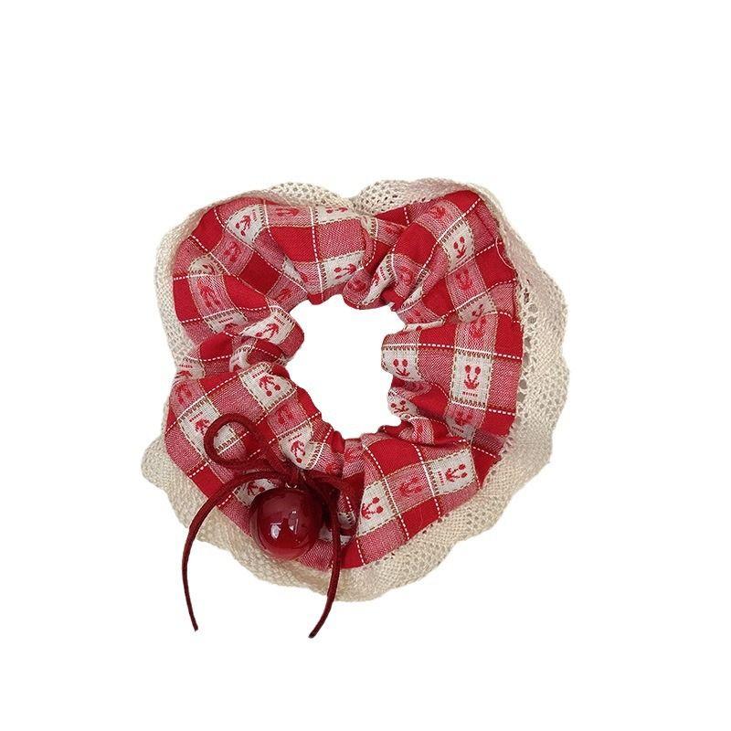 1pc Korean Style Cherry Wind Headband Spring New Red Checkered Cherry Square Scarf Large Intestine Headband