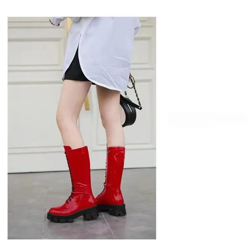 Fashion New Black Red Cross Strap Thick Soled Height Increasing Long Boots Autumn Winter Fashion Plush Warm Women Knee High Boots 34-43
