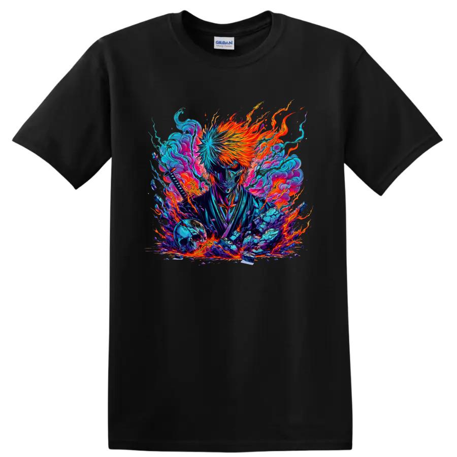 Ichigo Kurosaki Bankai Anime T Shirt w/ Skull Fire Lightning Graphic Print Tee