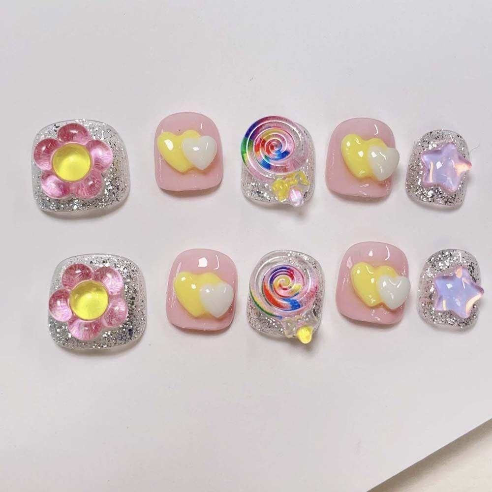 Мультяшные детские накладные ногти с цветами, детские накладные ногти с цветами, детское наращивание накладных ногтей, детские накладные ногти, детские игрушки