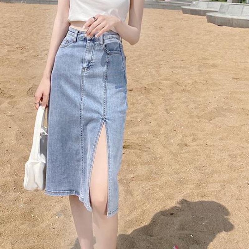 Новая модная женская летняя джинсовая юбка-макси, повседневная облегающая длинная юбка с высокой талией и разрезом, клубная юбка в уличном стиле