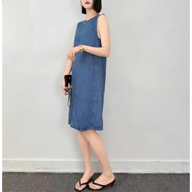 Women's Blue Patchwork Denim Boat Neck Summer Dress