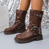 Fashion Four Seasons Platform Single Boots Women's Fashion Round Toe Studded Metal Buckle Block Heel Mid-leg Boots