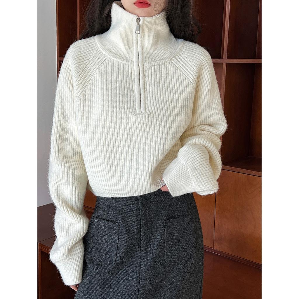 Half High Collar Zipper Red Knitted Sweater for Women Spring and Autumn High Waisted Sweater