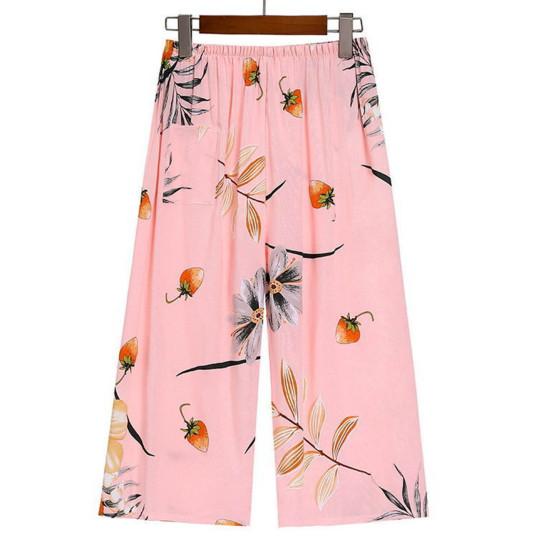 2 Pcs/Set Women Vest Pants Set Flower Print Round Neck Sleeveless Loose Pleated Elastic Waist Wide Leg Casual Homewear Mid-aged Mother Pajamas Set